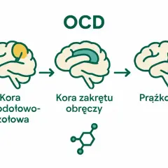 Schemat wyjaśnia, ocd co to: zmiany w korze oczodołowo-czołowej, zakrętu obręczy i jądrach prążkowia mózgu.