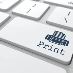 Klawisz "Print" z ikoną drukarki. Pytanie, czy można drukować bez kolorowego tuszu, jest tu kluczowe.