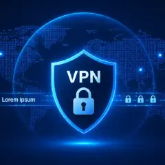 Tarcza z napisem VPN i kłódką symbolizuje bezpieczne szyfrowanie vpn. Mapa świata w tle podkreśla globalny zasięg.