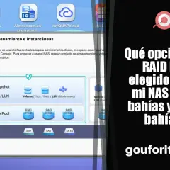 Interfaz de gestión de almacenamiento NAS, mostrando opciones de RAID. El texto pregunta: "Qué opción de RAID he elegido para mi NAS de 4 bahías y de 2 bahías".