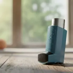 Niebieski inhalator Ventolin z kropelkami wody na drewnianym blacie, w tle okno z zielenią.