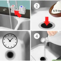 Steps to unclog a garbage disposal: 1. Run cold water. 2. Add baking soda. 3. Wait. 4. Pour vinegar.