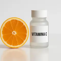Mezza arancia succosa accanto a un flacone etichettato "VITAMINA C". Ideale per assumere vitamina c 1000 mg al giorno.