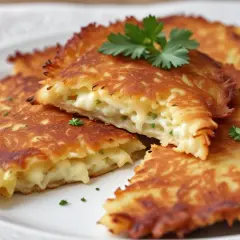 Frittelle di patate dorate e croccanti, un piatto tipico udinese, ripiene di formaggio filante e guarnite con prezzemolo fresco.