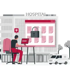Secure hospital data with thin clients for government. A person logs into a system displaying locked files, with an ambulance outside.