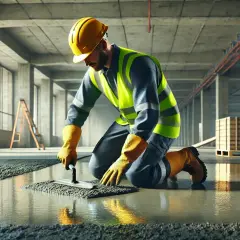 Budowlaniec w żółtym kasku i kamizelce odblaskowej pracuje z wylewką samopoziomującą, dbając o odpowiednią grubość podłogi.