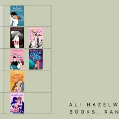 Ranking książek Ali Hazelwood: "The Love Hypothesis" na S, "Bride" i "Check & Mate" na A, "Love on the Brain" i "Deep End" na B, "Love, Theoretically" na C, "Not in Love" na D.