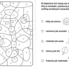 Karnawał karty pracy przedszkole: pokoloruj motyla według symboli. Koło to żółty jak słońce, serce czerwony jak pomidor, trójkąt niebieski jak woda.