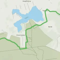 Mapa szlaków pieszych w Puszczy Bolimowskiej, prowadząca przez tereny leśne, w pobliżu jeziora Tajno i miejscowości takich jak Wólka Karwowska, Orzechówka i Borek.