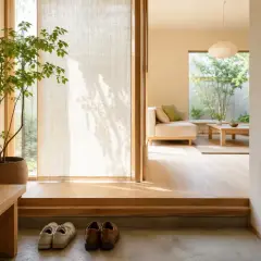 Jasny hol z rośliną i ławką, zgodny z zasadami feng shui. W tle salon z sofą i widokiem na ogród.