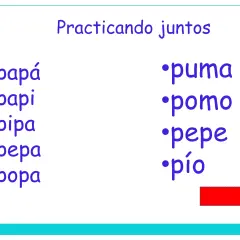 Lista de palabras con la p: papá, papi, pipa, pepa, popa, puma, pomo, pepe, pío. ¡Practicando juntos!