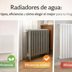 Tres radiadores de calefacción: uno blanco moderno de alta eficiencia, uno gris clásico de eficiencia media y uno blanco vertical de baja eficiencia.