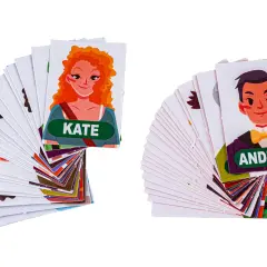 Karty z postaciami, jak Kate i Andrew, tworzą fantastyczne skarpetkowe stwory do gry.