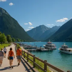 Spacerem brzegiem jeziora Achensee, podziwiając góry i cumujące statki.