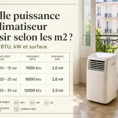 Tableau indiquant combien de BTU par m2 sont nécessaires pour choisir la bonne puissance de climatiseur mobile, avec des exemples pour différentes surfaces.