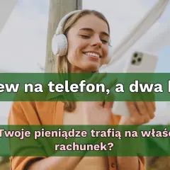 Uśmiechnięta kobieta w słuchawkach trzyma smartfon. Czy przelew na telefon jest bezpieczny i trafi na właściwy rachunek?