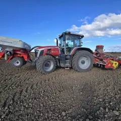 Massey Ferguson z siewnikiem Pöttinger na polu, gotowy do siewu pszenicy. Zastanawiasz się, ile pszenicy z hektara?