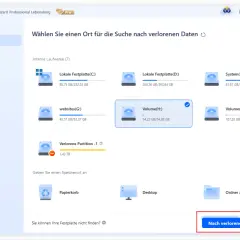 EaseUS Data Recovery Wizard zeigt interne Laufwerke an. Eine "Verlorene Partition" ist sichtbar, was auf eine nicht initialisierte Festplatte hindeuten könnte.