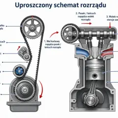 Schemat rozrządu silnika. Awaria rozrządu objawy mogą być poważne, gdy pasek lub łańcuch napędza wałek rozrządu i steruje zaworami.