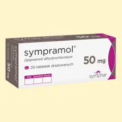 Opakowanie leku sympramol 50 mg, zawierające 20 tabletek drażowanych.