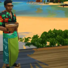 Sim z miską na plaży, jak zrobić staw w The Sims 4. Tropikalny krajobraz z wodą i piaskiem.