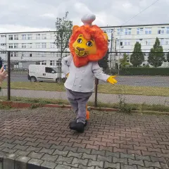 Uśmiechnięty strój lwa dla dziecka, w stroju kucharza, pozuje do zdjęcia na tle budynku.
