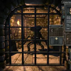 Potwór w klatce w lochu, jak w legend of grimrock. Obok interfejs postaci i ekwipunku.