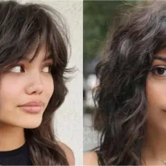 Dos mujeres con un moderno corte shaggy en capas, cabello castaño oscuro y ondulado, con flequillo desordenado.
