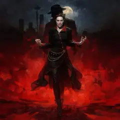 Wampirzyca z kłami na tle miasta i księżyca. Polska flaga. Vampire the Masquerade Bloodlines spolszczenie.