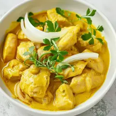 Kyckling i krämig currysås, perfekt för ett snabbt currysås recept. Garnerad med lök och persilja.