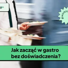 Zwinny kelner z tacami pełnymi jedzenia. Pytanie "Jak zacząć w gastro bez doświadczenia?" sugeruje, że to początek kariery w gastronomii.