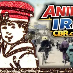 Anime-Illustration vor einer historischen japanischen Straßenszene. Die Frage "seit wann gibt es Anime" wird hier visuell aufgeworfen.
