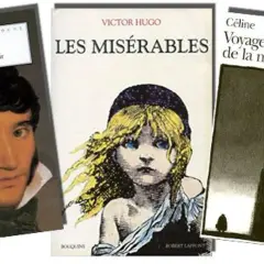 Trois couvertures de livres : "Le Rouge et le Noir" de Stendhal, "Les Misérables" de Victor Hugo, et "Voyage au bout de la nuit" de Céline. Ces œuvres font partie des plus beaux livres d'amour.
