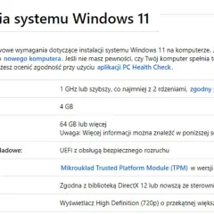 Wymagania systemu Windows 11: procesor 1 GHz/2 rdzenie, 4 GB RAM, 64 GB dysku, UEFI, TPM 2.0, DirectX 12, HD.