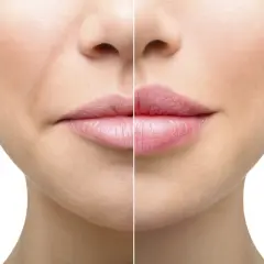 Porównanie ust przed i po zabiegu: po lewej delikatne zmarszczki, po prawej pełne, lśniące usta w stylu russian lips.