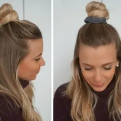 Coiffure facile à faire seule : un chignon double sur le dessus de la tête, avec les cheveux mi-longs lâchés.