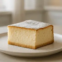 Pyszny kawałek sernika z 1kg sera, posypany cukrem pudrem. Zastanawiasz się, ile czasu piec sernik z 1kg sera?