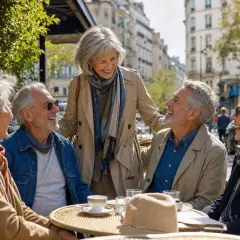 Des seniors rient et discutent à une terrasse, un exemple de comment se faire des nouveaux amis en profitant de la vie.