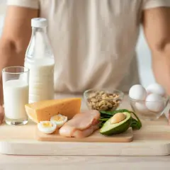 Alimenti ricchi di proteine per i muscoli: pollo, uova, formaggio, latte, frutta secca e avocado.