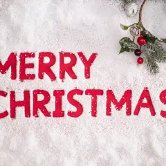 Lettere rosse su neve scrivono "Merry Christmas". Un festoso ramoscello natalizio con bacche e pigne completa la scena, evocando le classiche frasi natalizie in inglese.