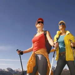 Dwie kobiety z kijkami do nordic walking podziwiają górski krajobraz.