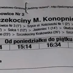 Fragment rozkładu jazdy PKS z godzinami odjazdów: 14:04, 15:14, 16:34, 20:29.