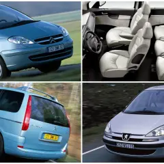Citroën C8 w kolorze błękitnym i srebrnym, z widokiem na wnętrze z jasnymi skórzanymi fotelami.