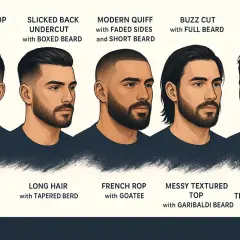 Cinq hommes présentent différentes coupes de cheveux et barbes. La **cheveux texture** varie de courte et texturée à longue et lisse.