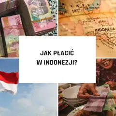 Stosy banknotów rupii indonezyjskich, mapa Indonezji, dziecko z flagą i pytanie: jaka jest waluta na Bali?