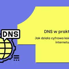 Grafika z napisem "DNS" i globusem. Tekst: "DNS w praktyce. Jak działa cyfrowa książka adresowa internetu?". Wyjaśnienie, dns co to.