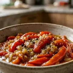 Délicieuse recette poivron vert : poivrons rouges rôtis, oignons et herbes dans un bol rustique.