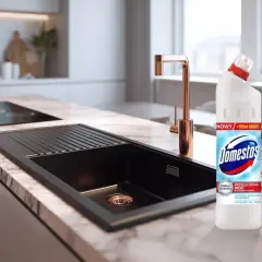 Nowy Domestos na zatkany zlew. Skutecznie usuwa zanieczyszczenia i zabija zarazki, przywracając blask Twojej kuchni.