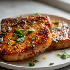 Soczysty schab z airfryer, błyszczący od sosu i posypany świeżą natką pietruszki, prezentuje się apetycznie na białym talerzu.