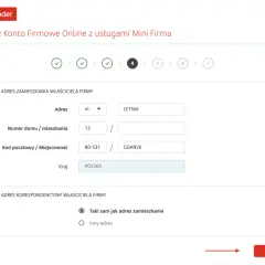 Formularz otwierania Santander konto firmowe. Wpisujesz adres zamieszkania właściciela firmy: ul. Letnia 13, 80-531 Gdańsk, Polska.
